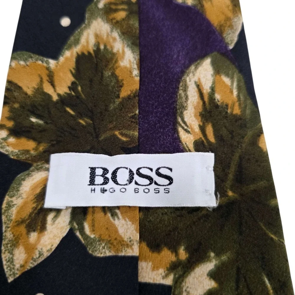 BOSS Hugo Boss Floral Silk‎ Neck Tie Mens Black Gold Purple Designer Italy
